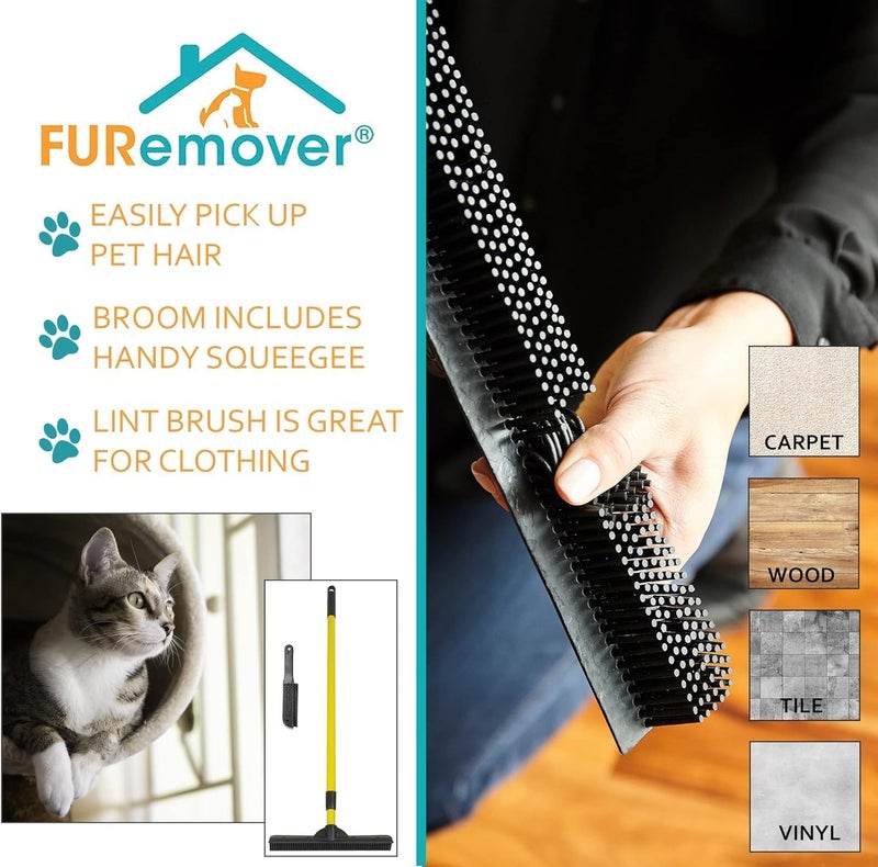 FURemover Original Pet Hair Rubber Broom with Squeegee, with 58â€ Telescopic Handle for Carpet, Tile and Hardwood and Handheld Lint Brush Combo - Image 2